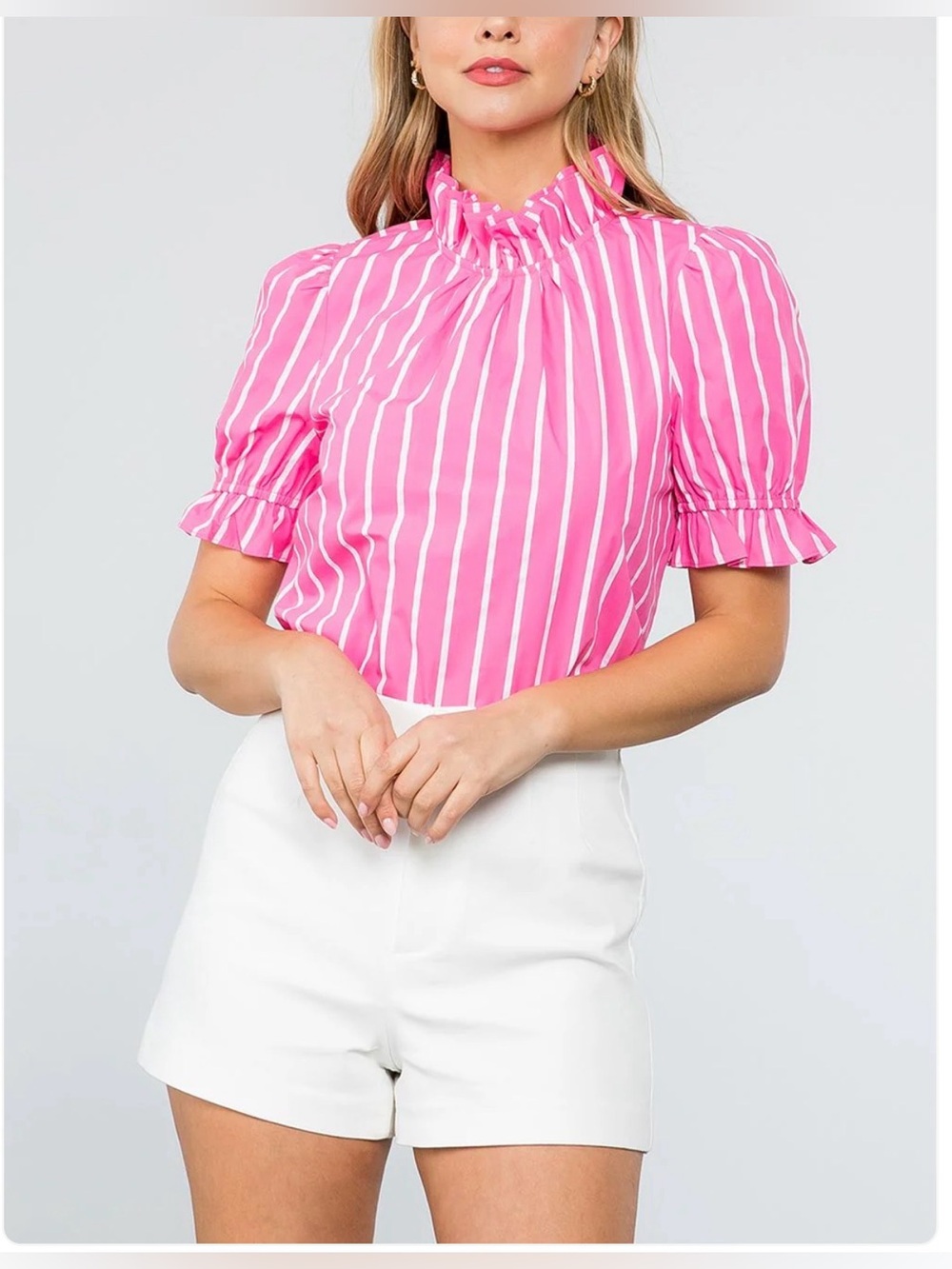 THML Pink and White Striped Puff Sleeve Poplin Top
EUC